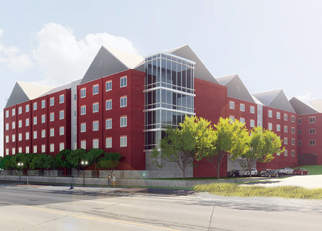 Rendering of sophomore residence hall. Holland Basham Architects