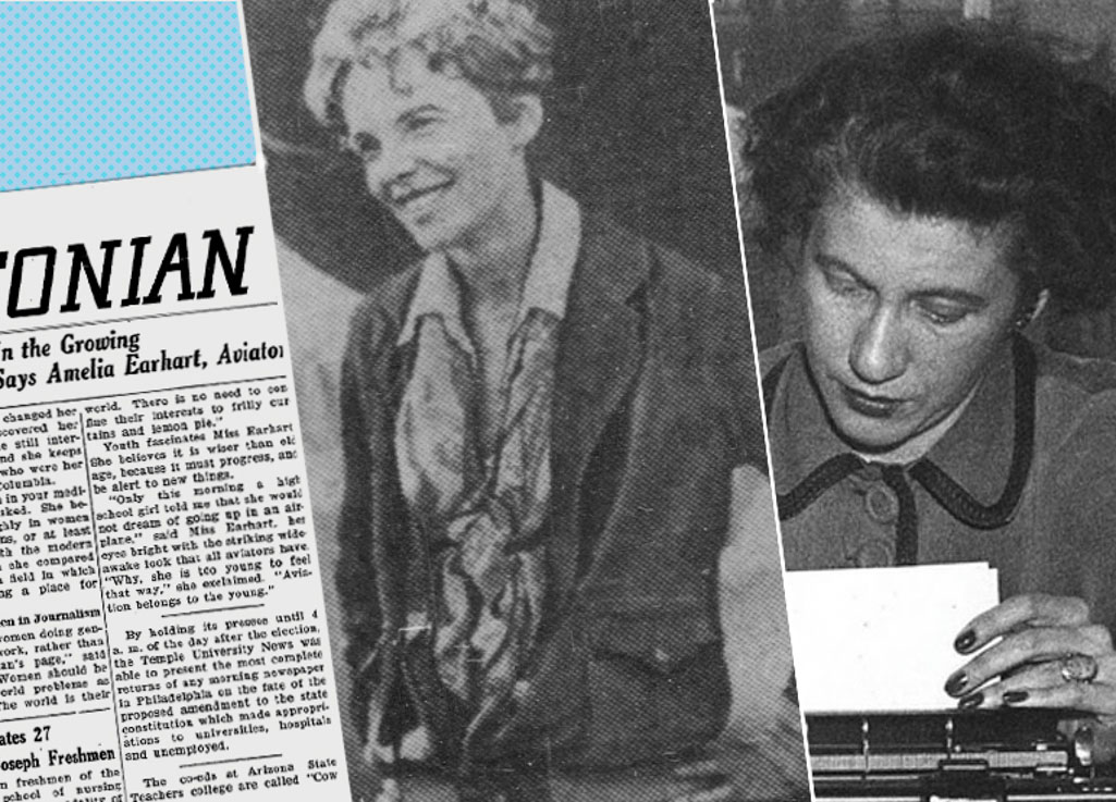 A photo collage of an old newspaper article, Amelia Earhart and a journalist