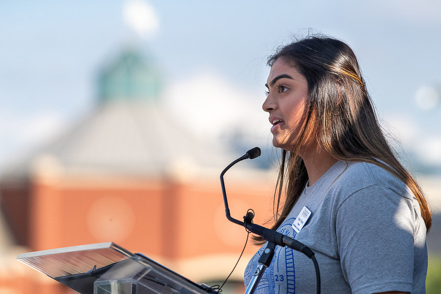 A student speaks at the Graves Hall dedication ceremony.