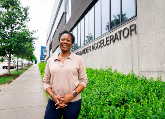 April Dixon outside the Highlander Accelerator building. 