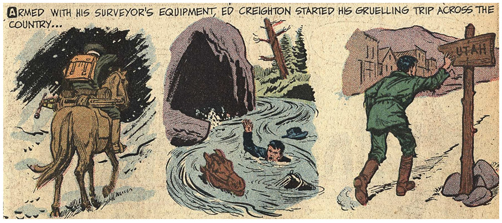 Comic frame of Ed Creighton trekking west