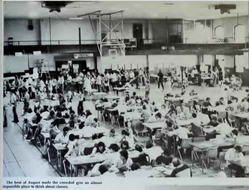 Crazy weather 1975 hot Old Gym Students pack into a gymnasium