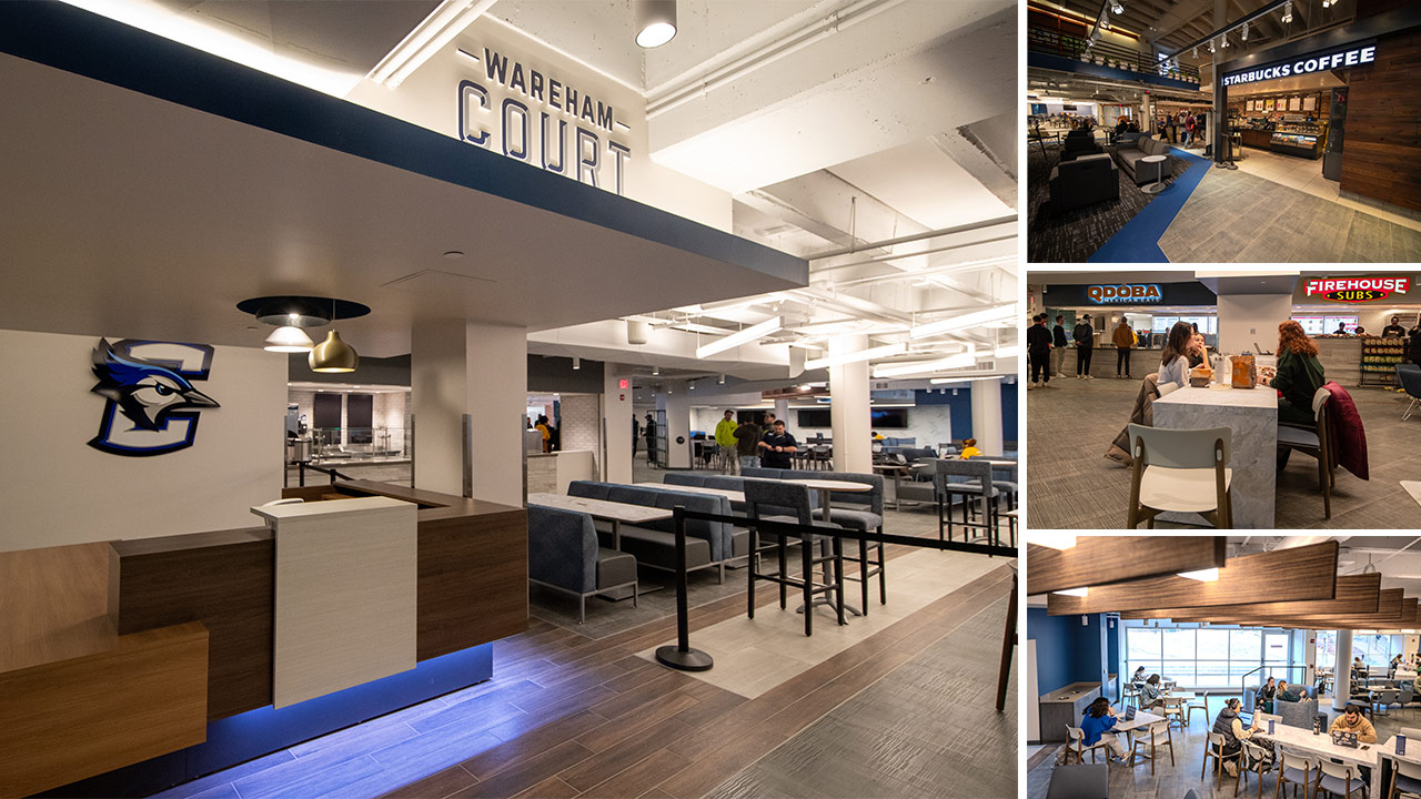 Photos of a lounge and dining area inside Creighton's student center