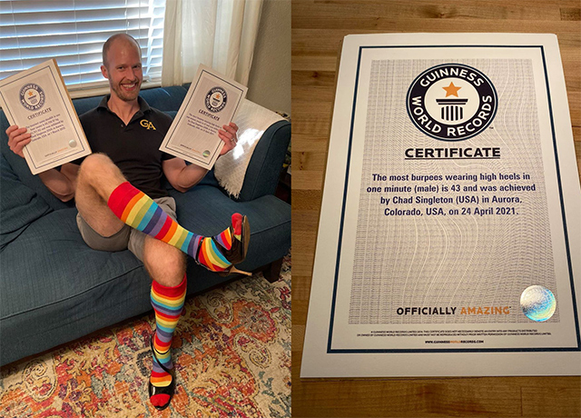 Chad Singleton holds the certificates for his two world records.