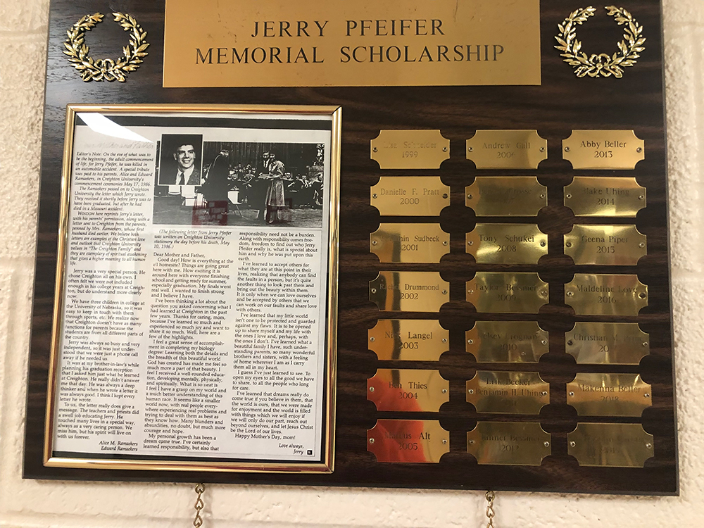 The Pfeifer memorial scholarship plaque