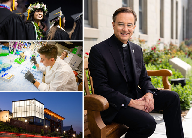 A portrait of Fr. Hendrickson with images of students and campus.