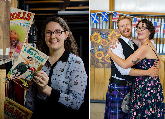 Hailey Austin holding comics and with husband Lewis Austin.