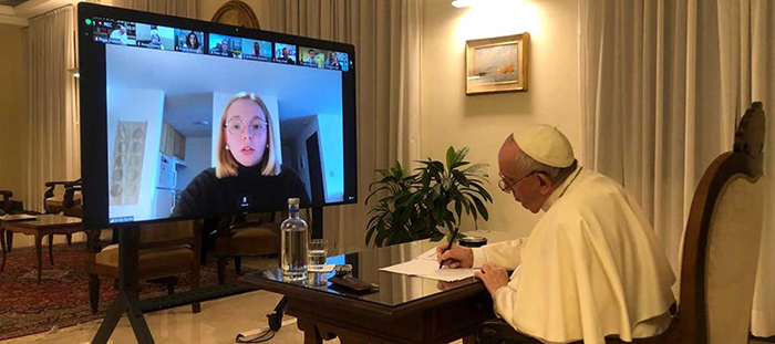 Students speak with Pope Francis about climate change.