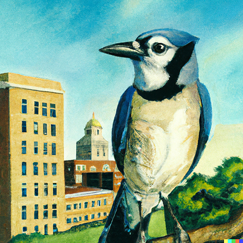 A painting of Creighton's Billy Bluejay on Creighton's campus.