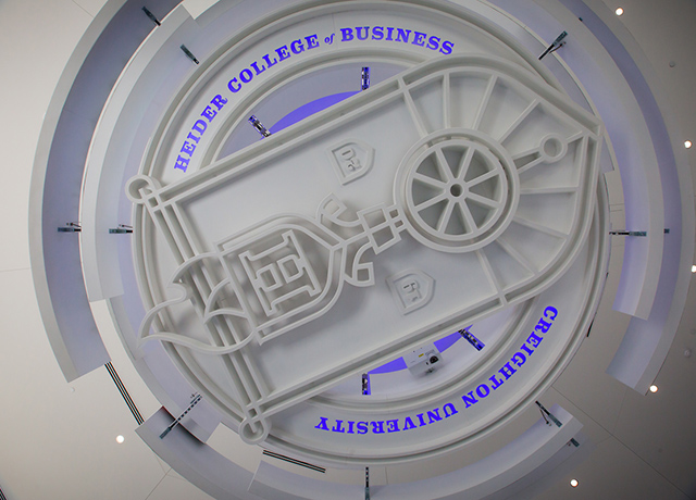The Heider College of Business sign in the Harper Center.