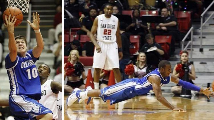 Two photos from a basketball game