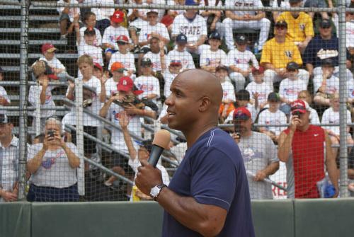 CU Sports Complex Barry Bonds A man speaks into a microphone