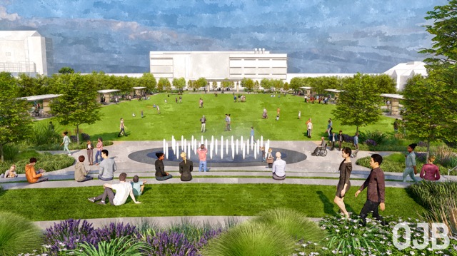 Creighton Quad side view with fountain rendering