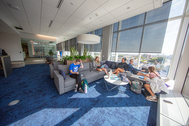 OT students, including Anna Nelson, second from right, take a break on the fifth floor of the CL and Rachel Werner Center.