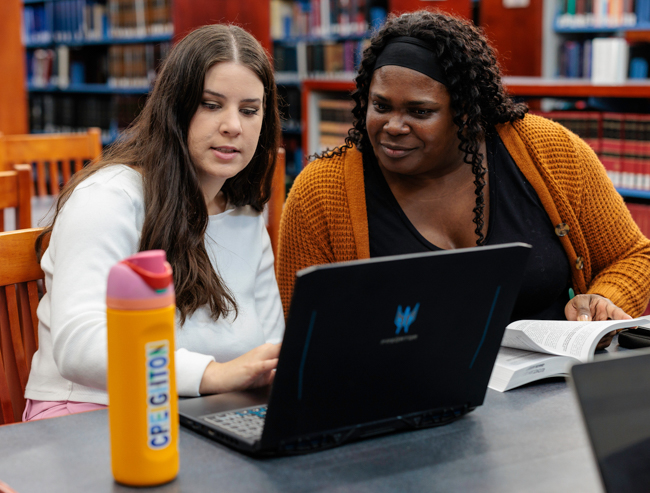 Students look a computer in the library.