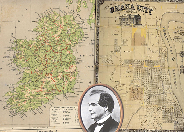 Images of maps of Omaha and Ireland, with a locket of Ed Creighton on top.