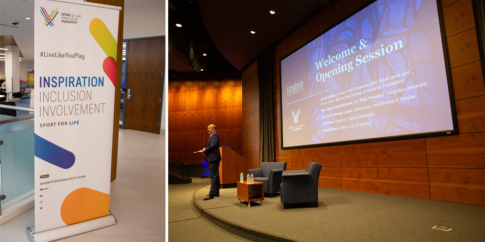 One image of a conference poster and another image of a man speaking on stage