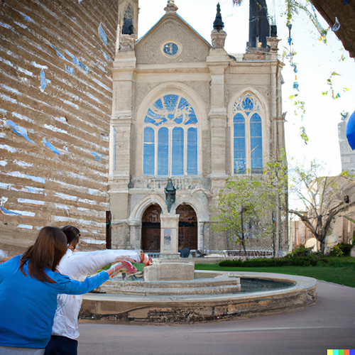 Alumni making a gift to Creighton University in front of St. John's Church.