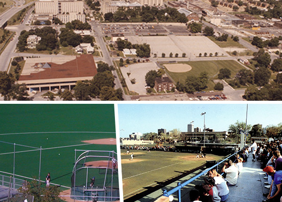 A collage of photos of a campus field