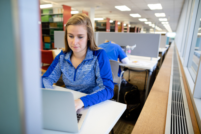 Student at a computer in the Reinert library.