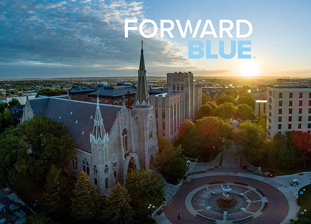 Forward Blue logo on top of photo of campus.