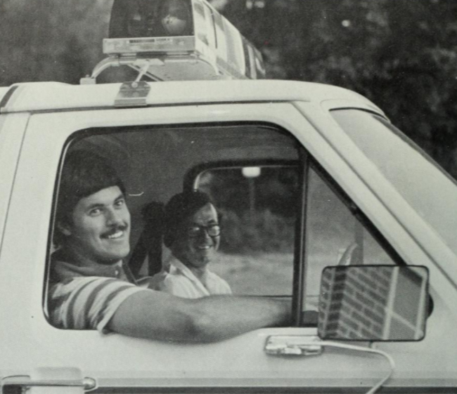 Trom, left, with fellow public safety officer Joe Bridgeford in 1981.