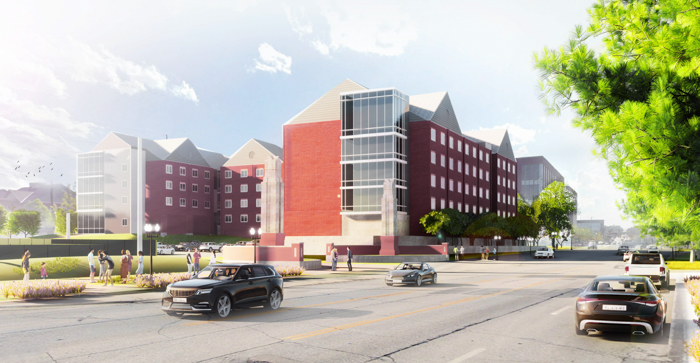 Rendering of sophomore dorm. Holland Basham Architects