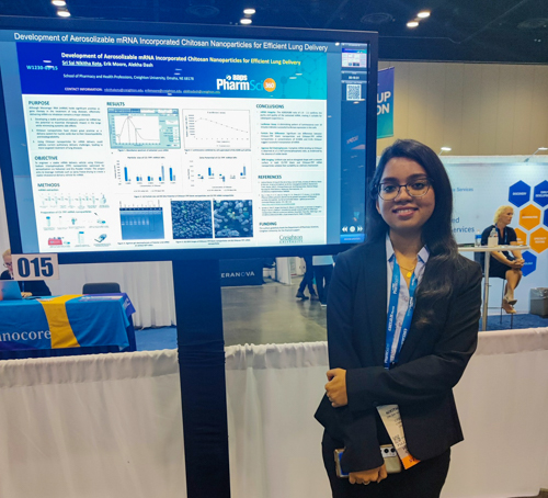 Nikitha Kota, presenting her research at the AAPS PharmSci 360 Meeting in Orlando.