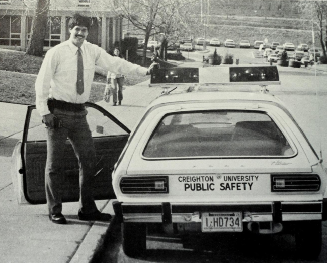 Creighton public safety officer Harry Trombitas patrolling campus in 1979.