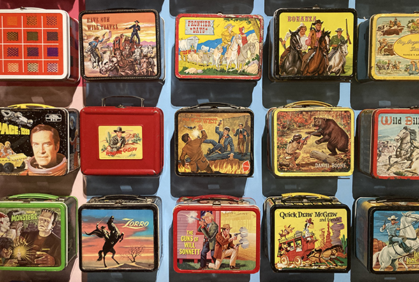 Lunchboxes on the wall of the Durham exhibit.