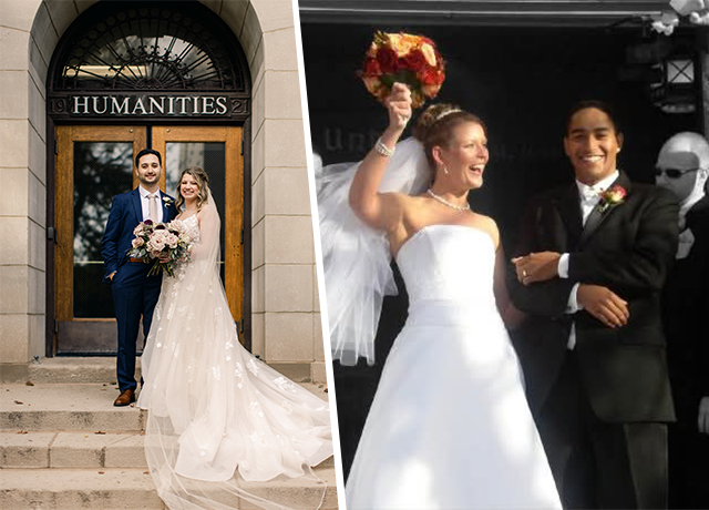 Two photos of wedding day couples