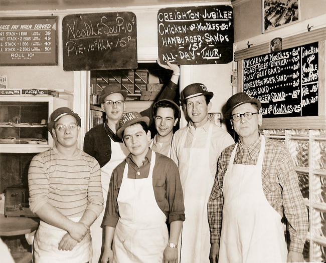 Walt, right, with a crew of Beal's staff.