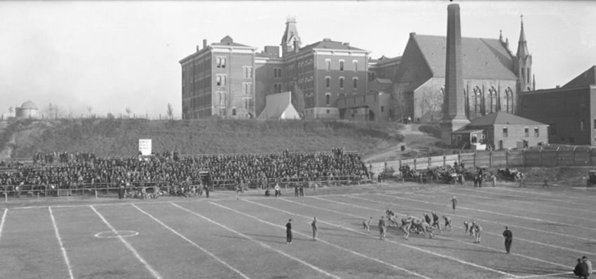 Black and white photo Creighton football field