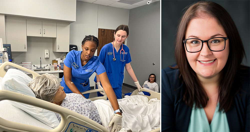 Images of nurses in the simulation lab and a Jessica Clar, the new nursing dean.