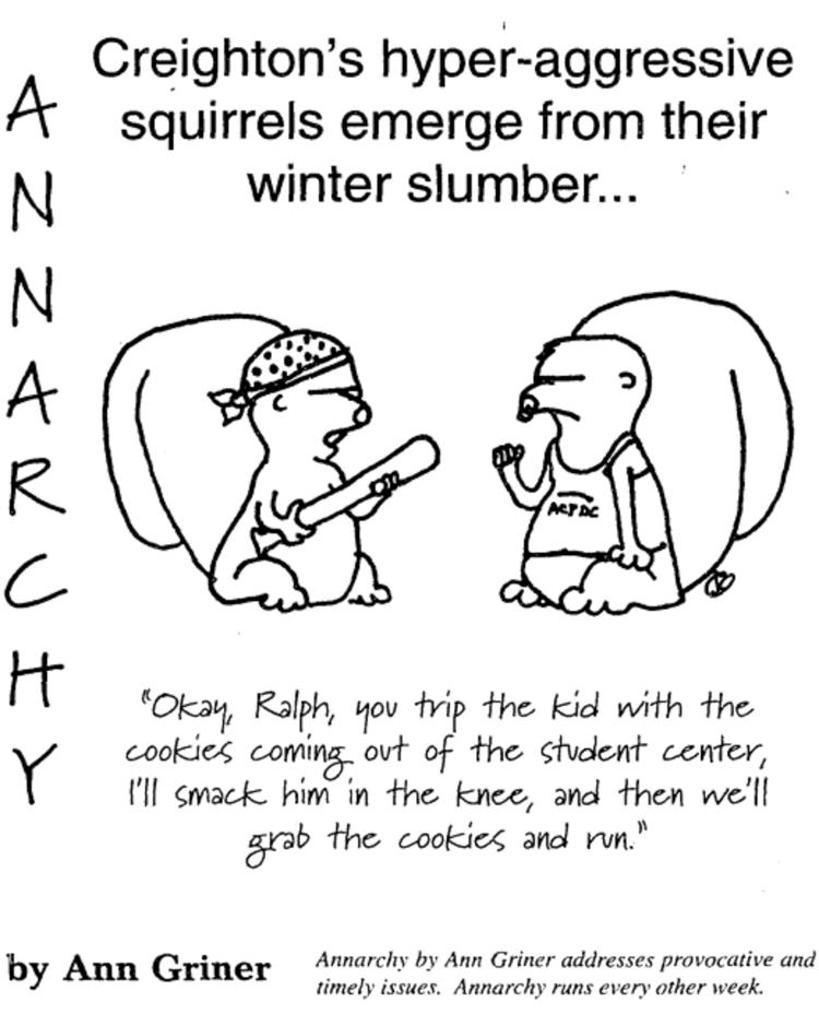 An editorial cartoon about aggressive squirrels