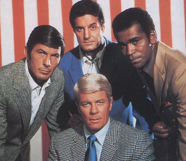 The cast of the Mission: Impossible TV series, with Peter Graves bottom center