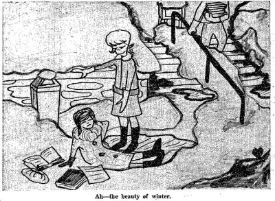 An editorial cartoon depicting a student falling in the snow