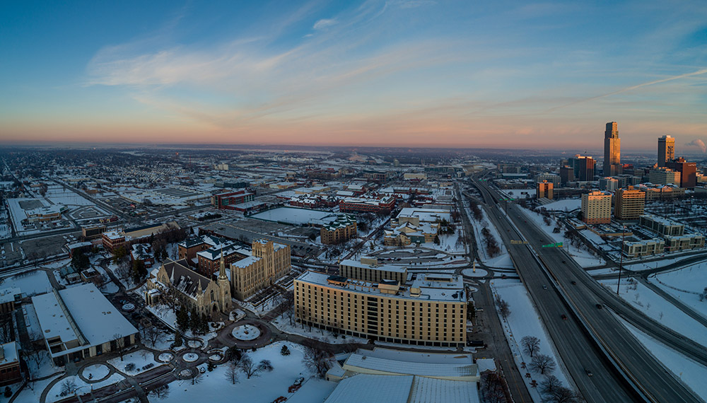 An aerial view of Creighton and downtown Omaha, facing east.