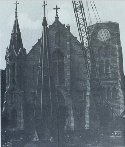 St. John's steeple going up in 1977.
