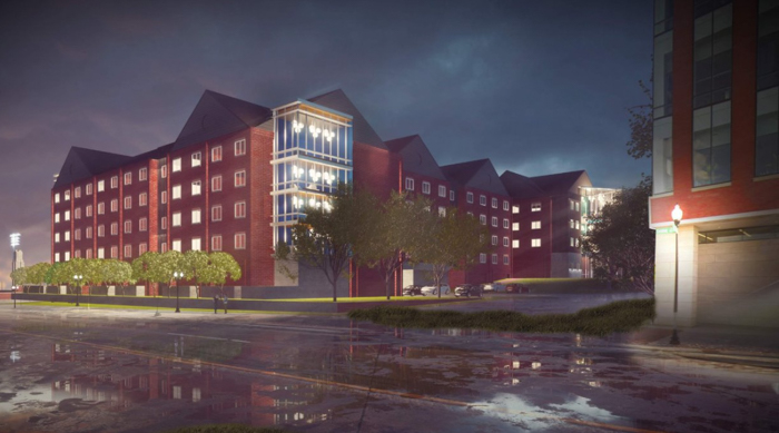 Rendering of the sophomore dorm. Holland Basham Architects