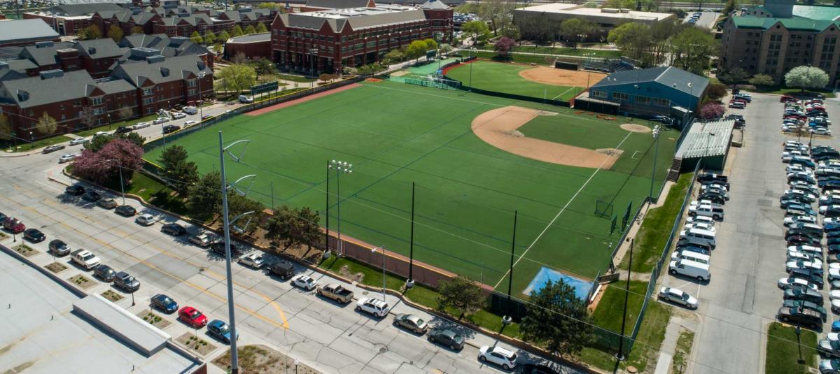 CU Sports Complex aerial with cars An overhead photo of a baseball and softball complex