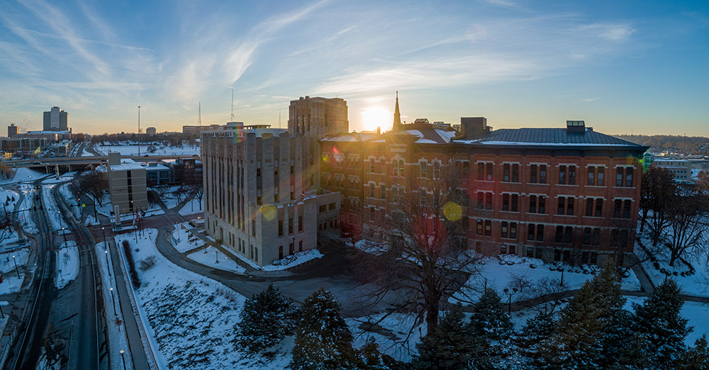 9 gorgeous aerial views of a snowy Creighton campus at magic hour ...