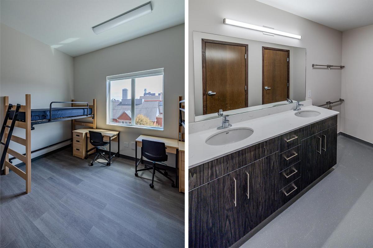A residence hall bedroom and bathroom