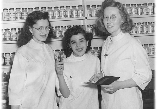 Nelly Nigro, center, with her class of 1945 pharmacy school friends Virginia Driscoll, left, and Alice Appel Duwal. 