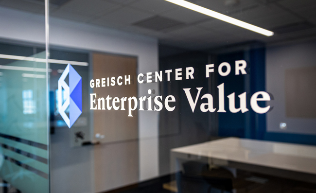 Greisch Center for Enterprise Value sign in the Harper Center.