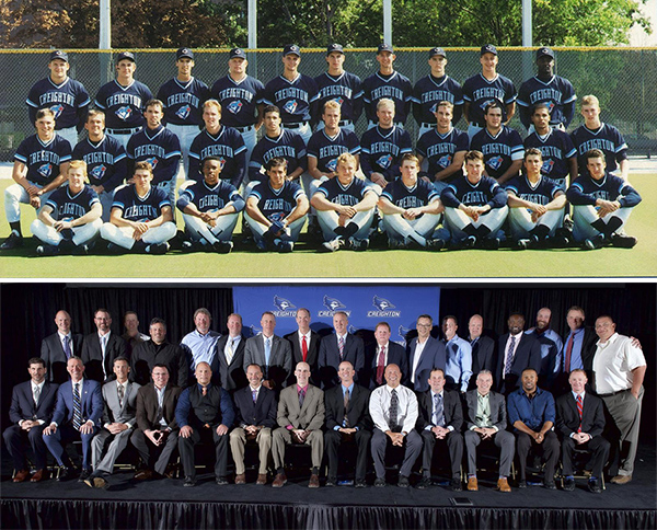 Same team, 25 years apart. Creighton's College World Series team in 1991 and in 2016, during its Creighton Athletics Hall of Fame induction.