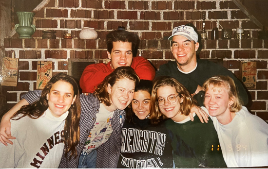 Creighton students at the "Awakenings Retreat," in Nov. 1994. Back row (from left): Dave Schutten, Justin Vossen. Front row (from left): Molly Hickok, Anne Smith Harty, Julie Ortman Skelton, Shannon McGuire Lillis, Laura Neesen. 