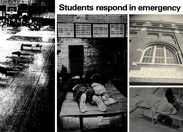 A collage of photos of beds and cots set up in a gymnasium 