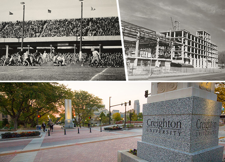 Photos of an old football stadium, an old building under construction and a pedestrian crosswalk