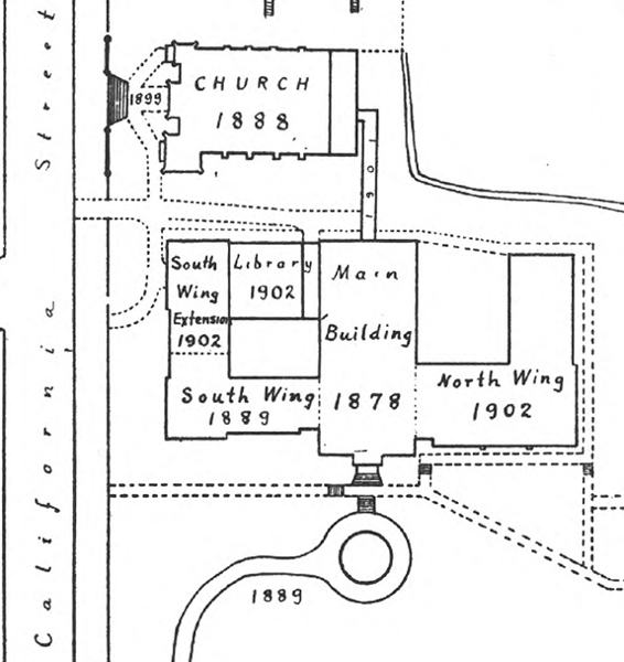 An illustration from the early 1900s that shows how Creighton Hall grew from its original structure.